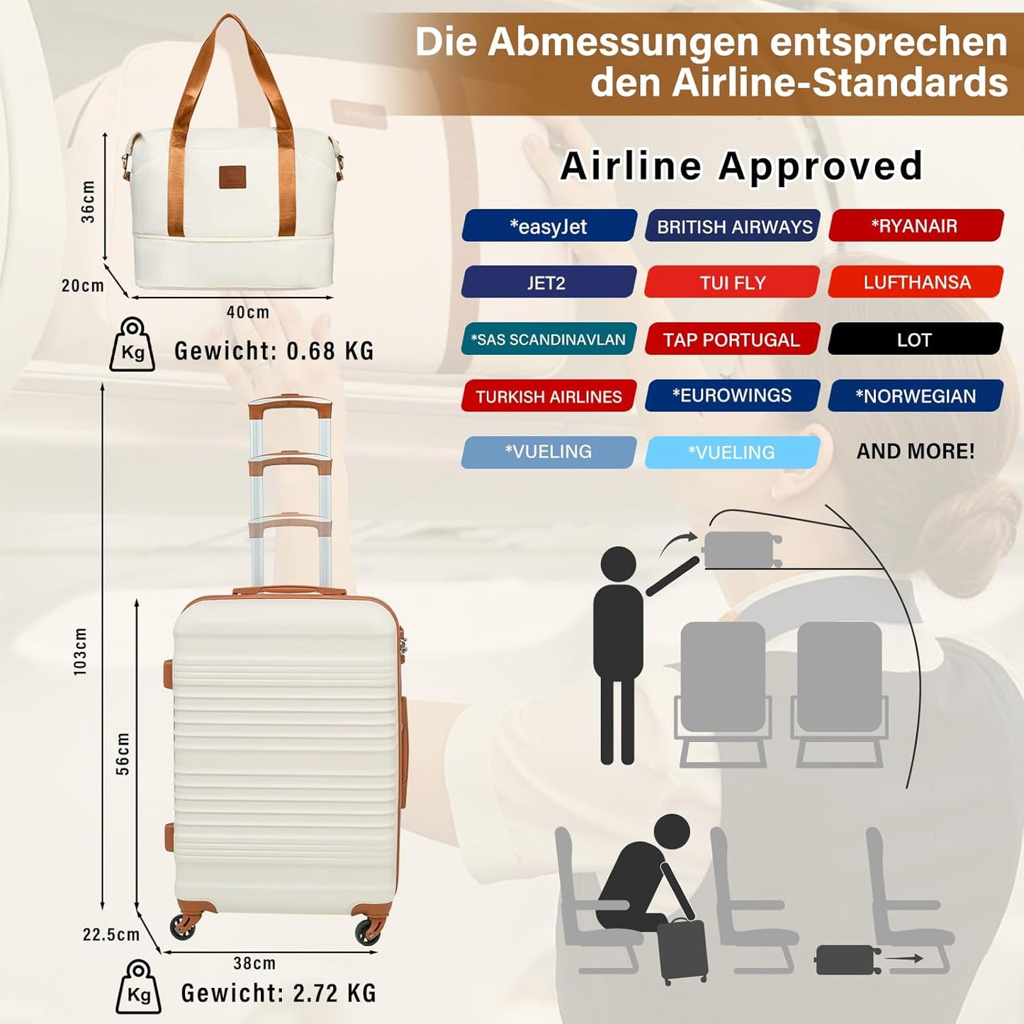 3-teiliges Handgepäckkofferset mit TSA-Schloss, Kulturtasche und erweiterbarer Reisetasche, Handgepäck-Set 3tlg Dunkelgrün/Braun