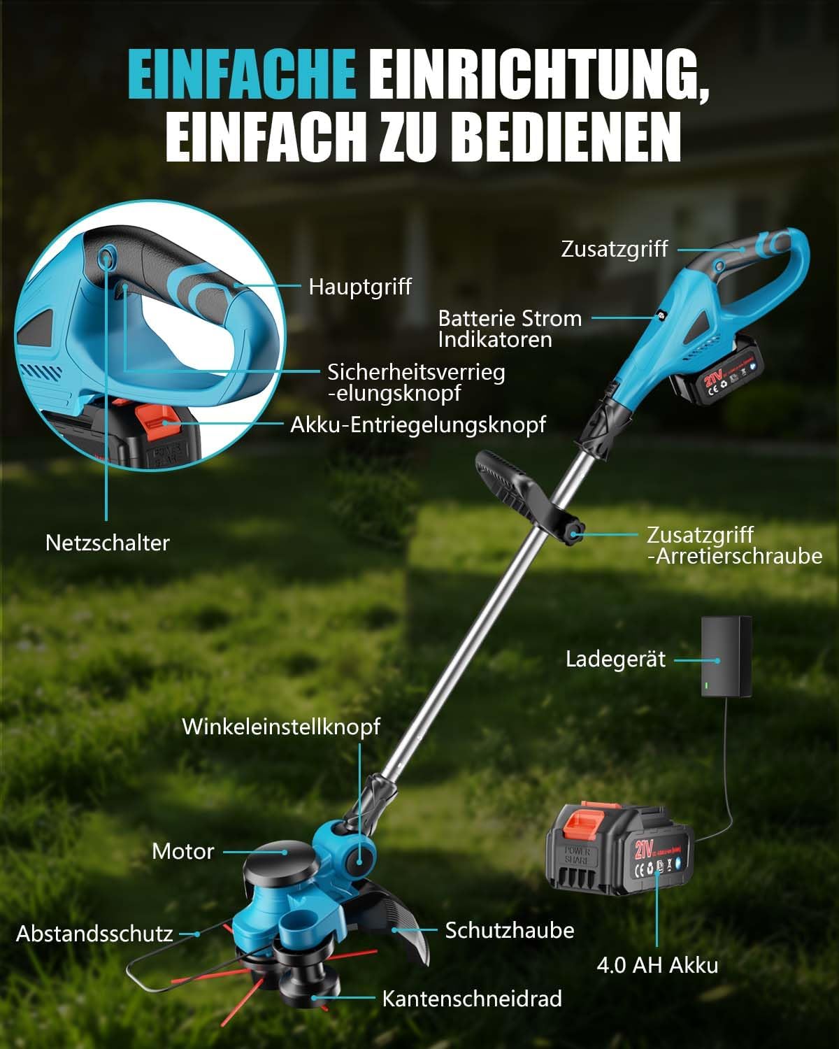 Akku-Rasentrimmer, Blau
