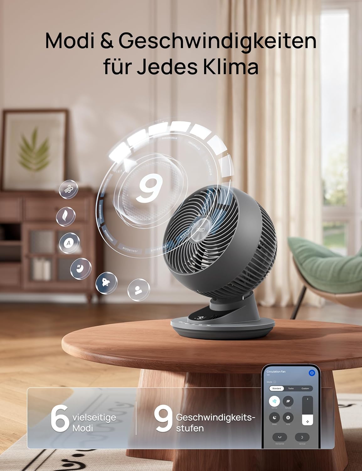 Tischventilator mit App-Steuerung, Grau