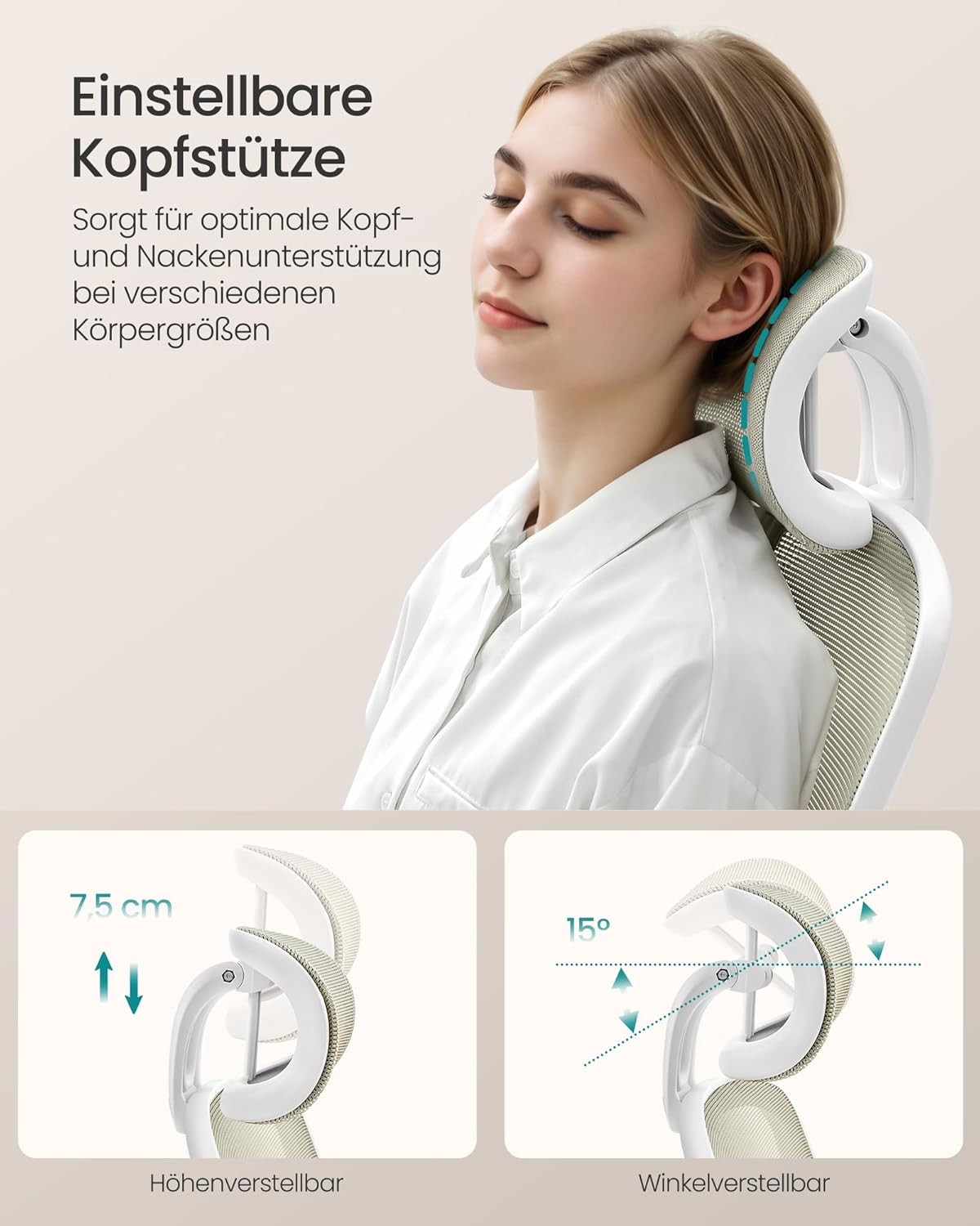 Ergonomischer Drehstuhl mit Kopfstütze, Cappuccinobeige Mit Kopfstütze