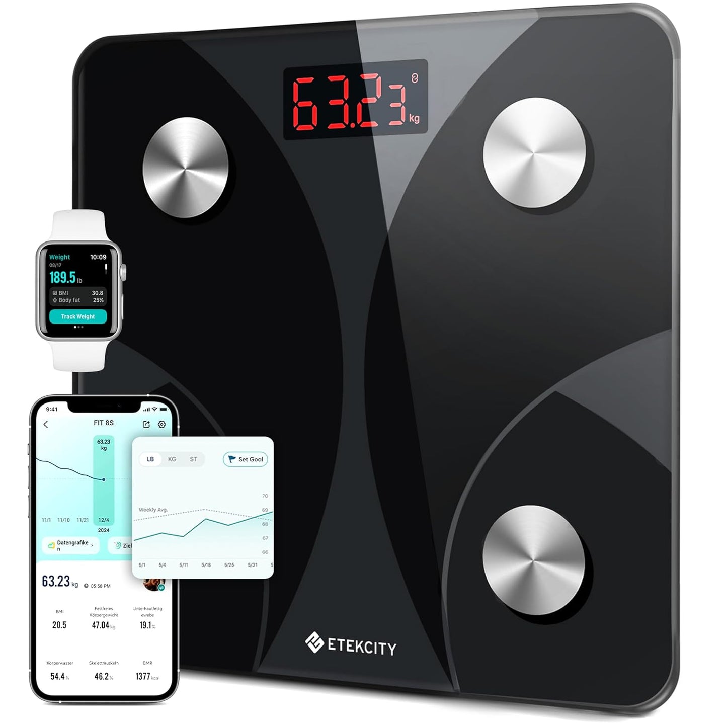 Digitale Personenwaage mit Körperanalyse, 13 Metriken Schwarz 180kg/0.05kg