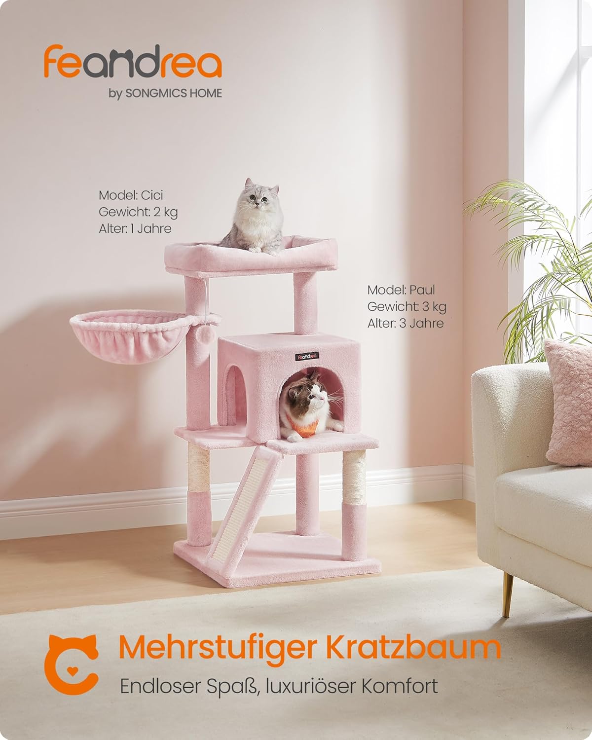 Kratzbaum mit grosser Plattform, pastellrosa