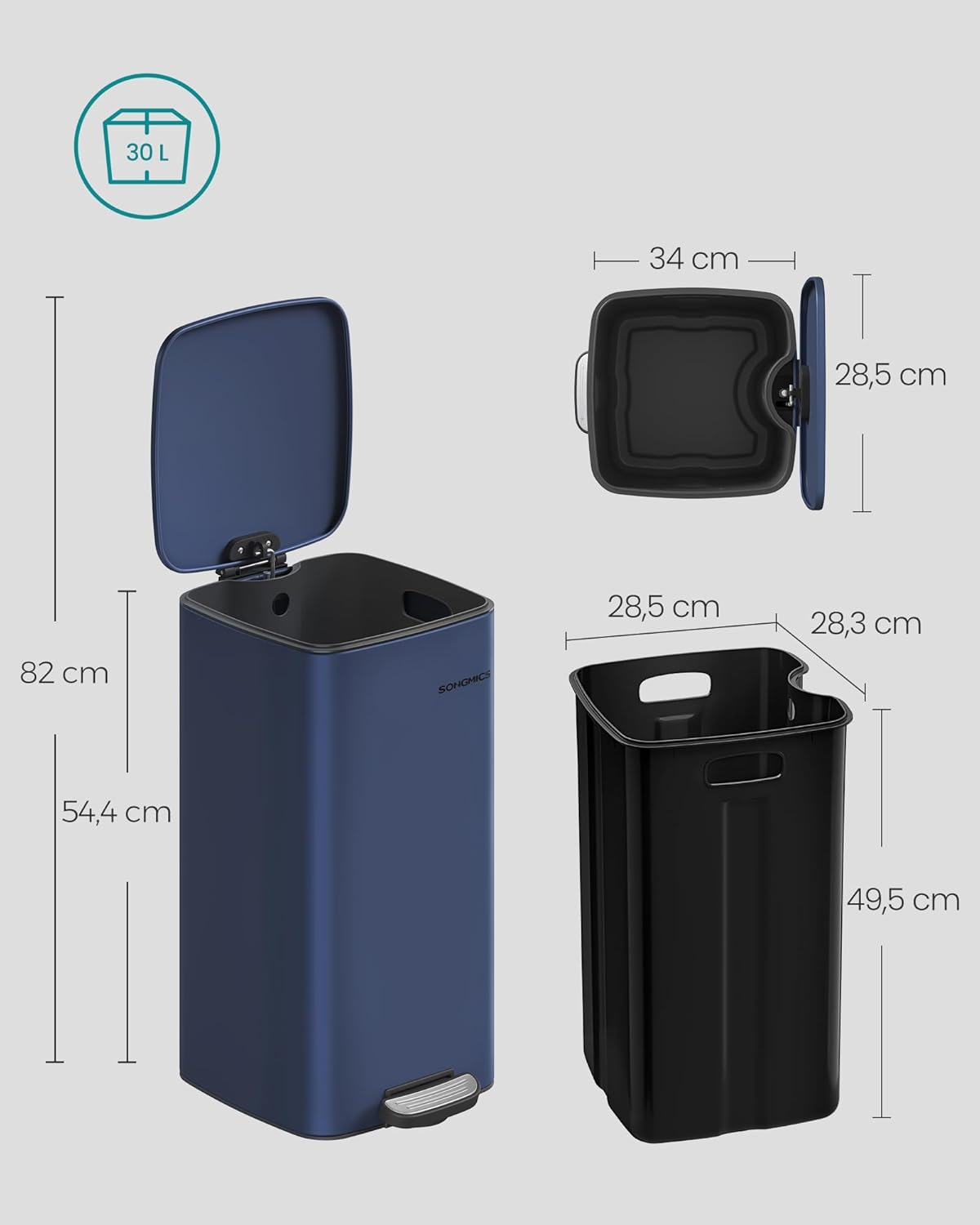 Tretmülleimer mit Inneneimer & Softclose, mitternachtsblau 30 L