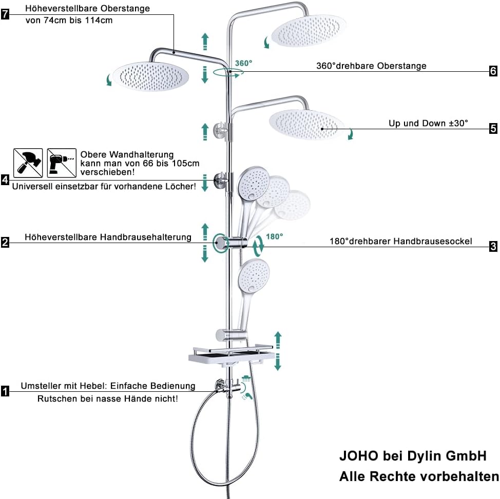 D20 Regendusche Duschsystem mit Ablage, D20 mit Ablage CP Chrom