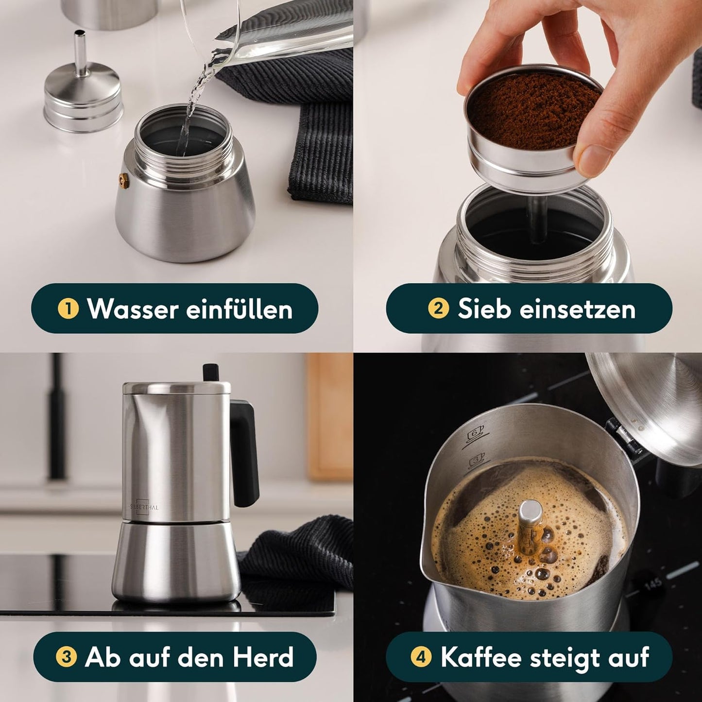 Espressokocher Induktionsgeeignet (300 ml, 6 Tassen), Espressokocher 300 ml