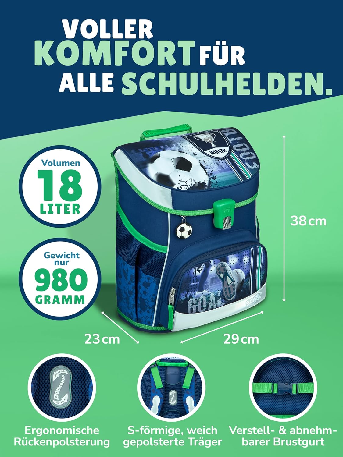 Schulranzen-Set für Erstklässler, Fussball Blau 10-teiliges Set mit Schultüte