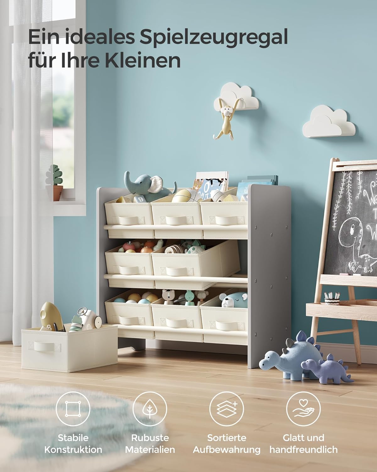Kinderregal mit 9 Aufbewahrungsboxen, Taubengrau