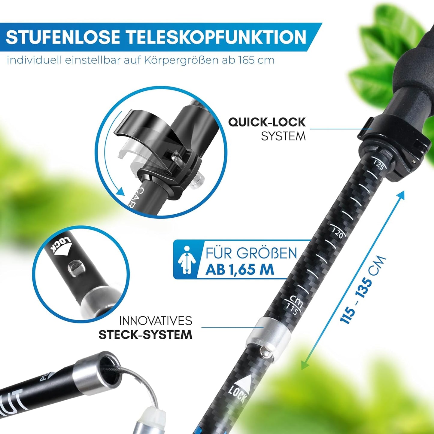 Faltbare Trekkingstöcke, 115-135cm Carbon