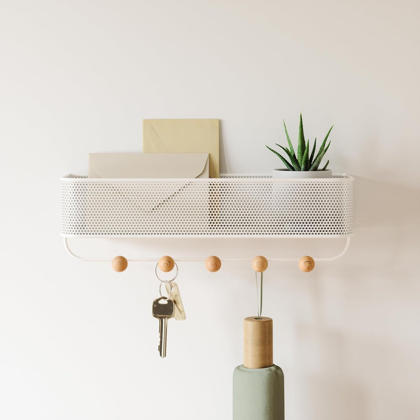 Schlüsselbrett mit Briefablage & Haken-Set, Weiss/Natur Wandorganizer
