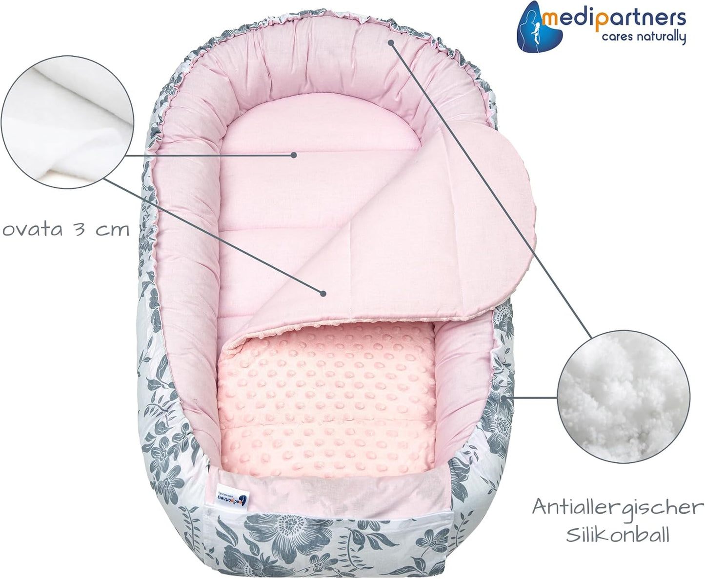5-teiliges Babynest Set Berry, Berry mit Rosa Minky