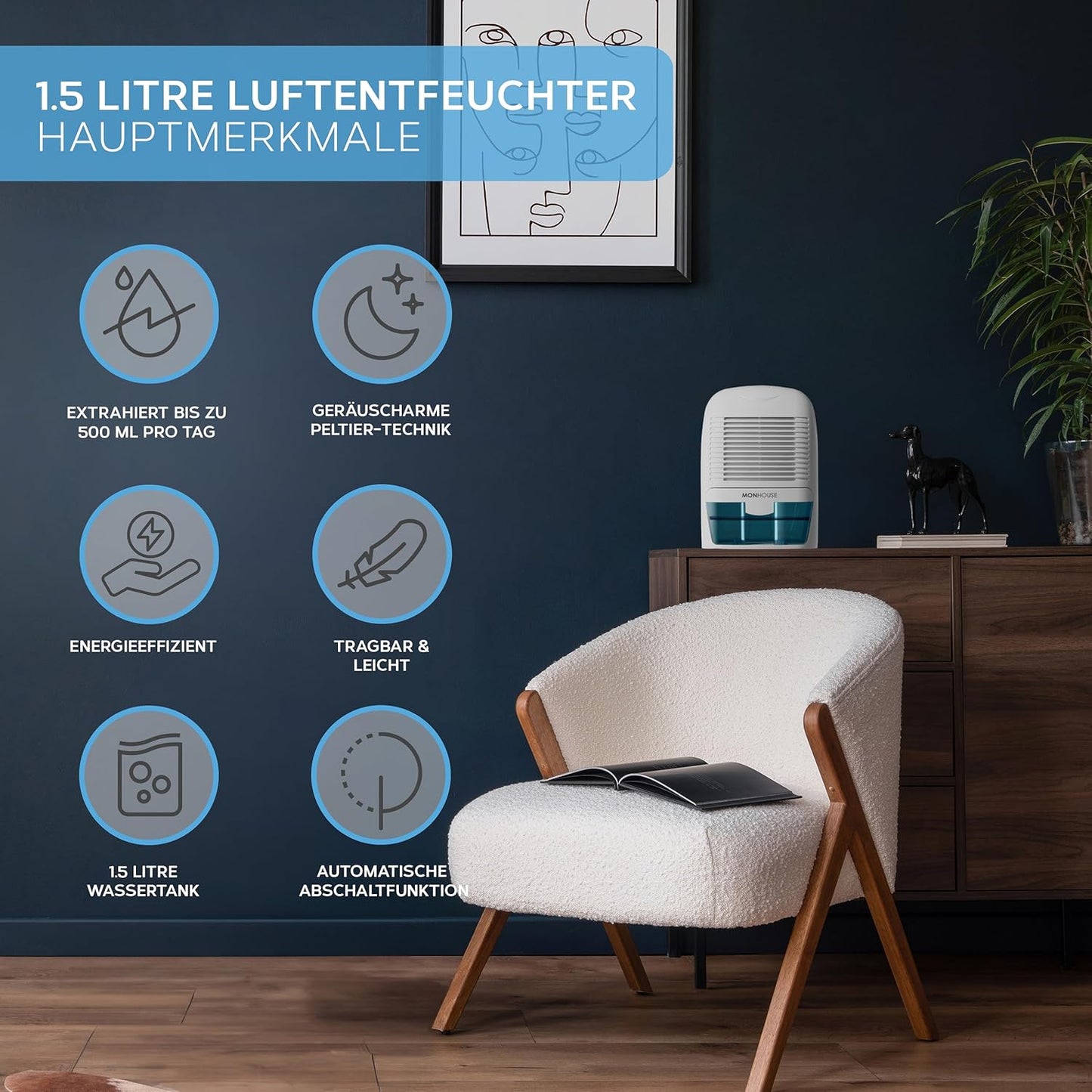 Tragbarer Mini Luftentfeuchter, 1500ml Weiss/Blau