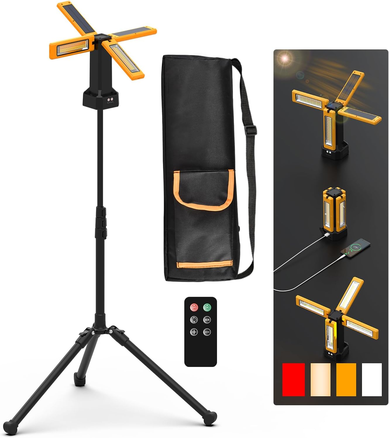 V3000 Solar-Akku LED Baustrahler, Orange mit Fernbedienung