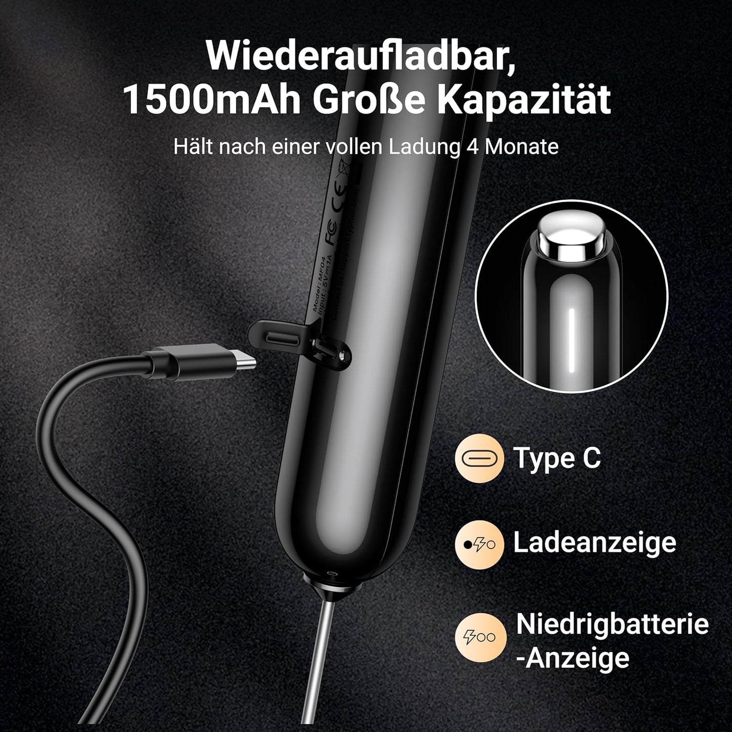 InstaWhisk Elektrischer Milchaufschäumer mit USB-C, Schwarz