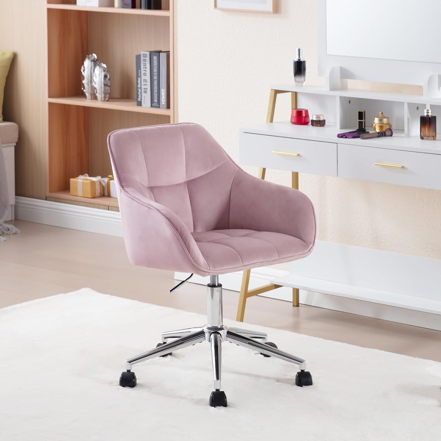 Höhenverstellbarer Homeoffice-Drehstuhl mit Samtsitz, Rosa