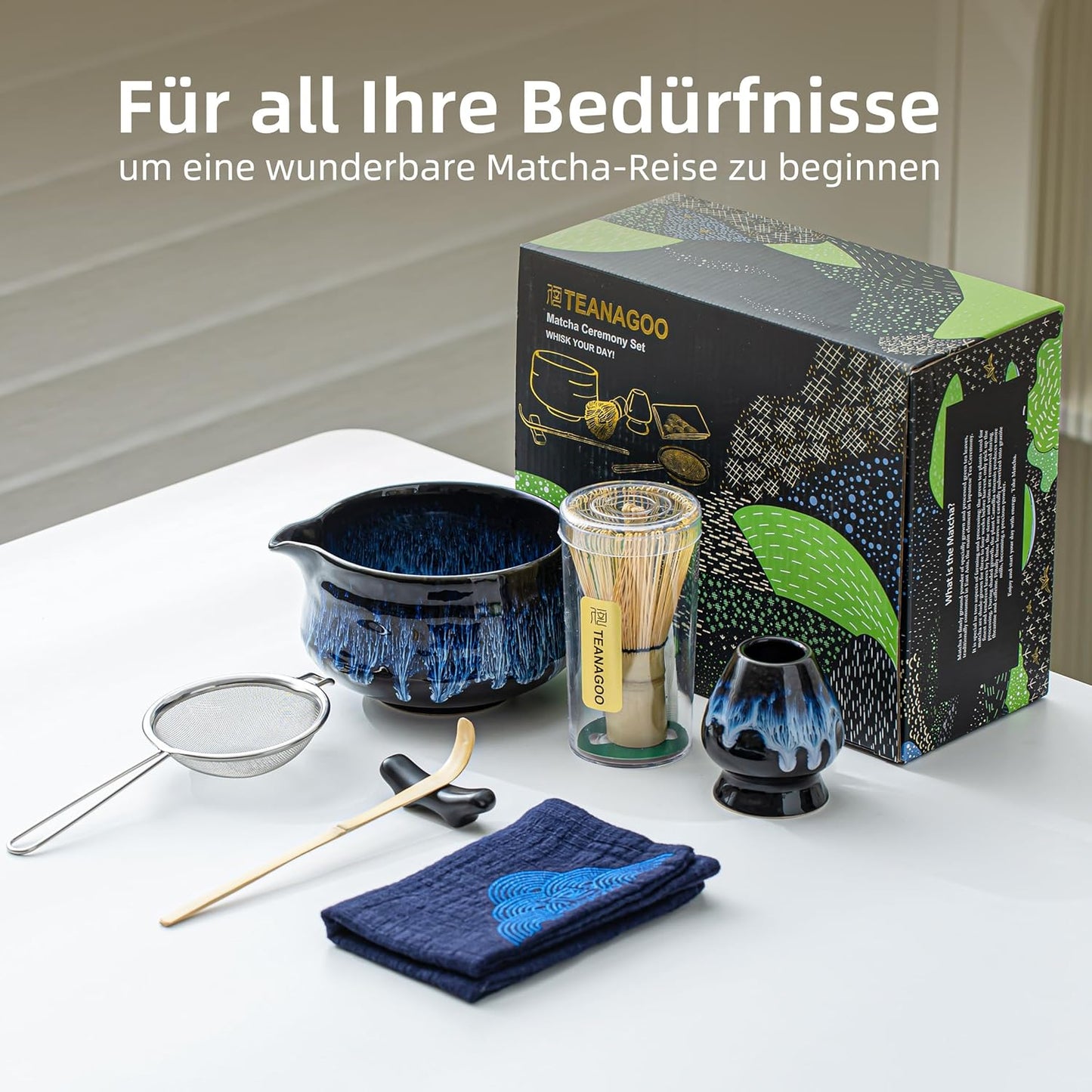 7-teiliges Matcha-Tee-Set mit Besen und Schale, 7pcs/set, Bowl with pouring spout, Junware-blau