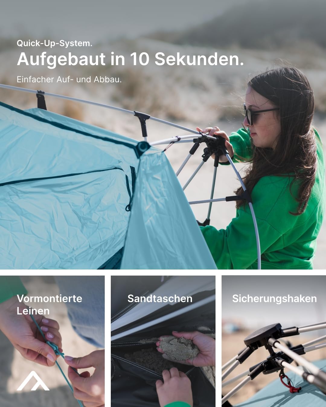 Strandmuschel Quick Bay Pro mit UV-Schutz für 3 Personen, Hellblau