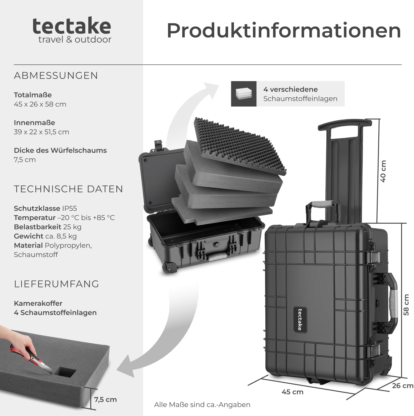 Transportkoffer rollbar mit Teleskopgriff, Kamerakoffer Rollbar | Größe L