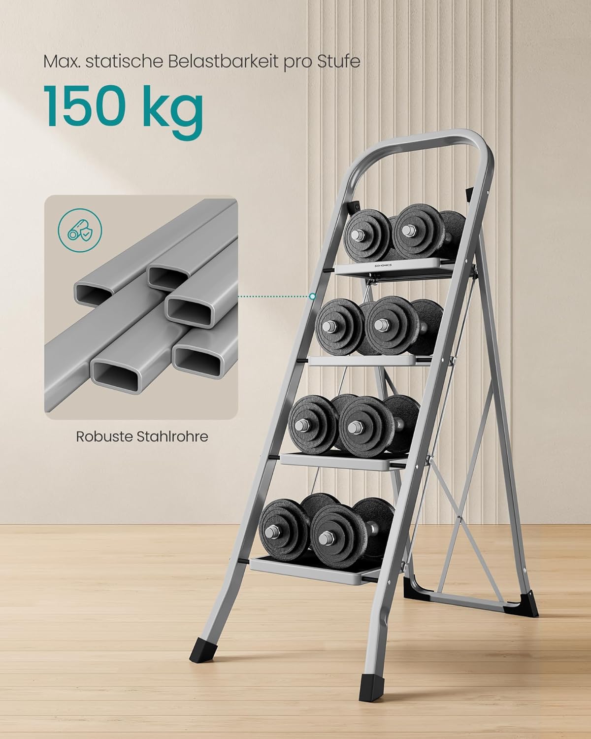 Klappbare Trittleiter mit 4 Stufen, Taubengrau 4 Stufen (89T x 45B x 127H cm)