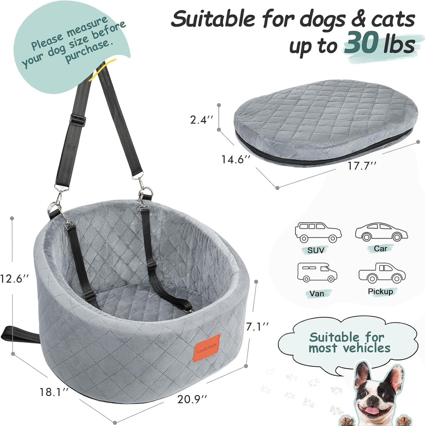 Rutschfester Hunde-Autositz mit Sicherheitsleinen, Grey Small