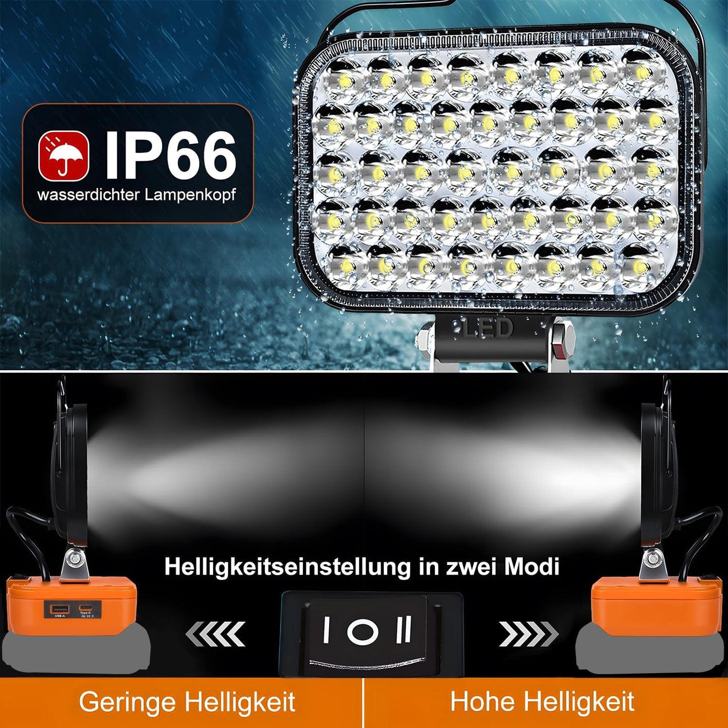 Tragbarer LED-Baustrahler, Orange