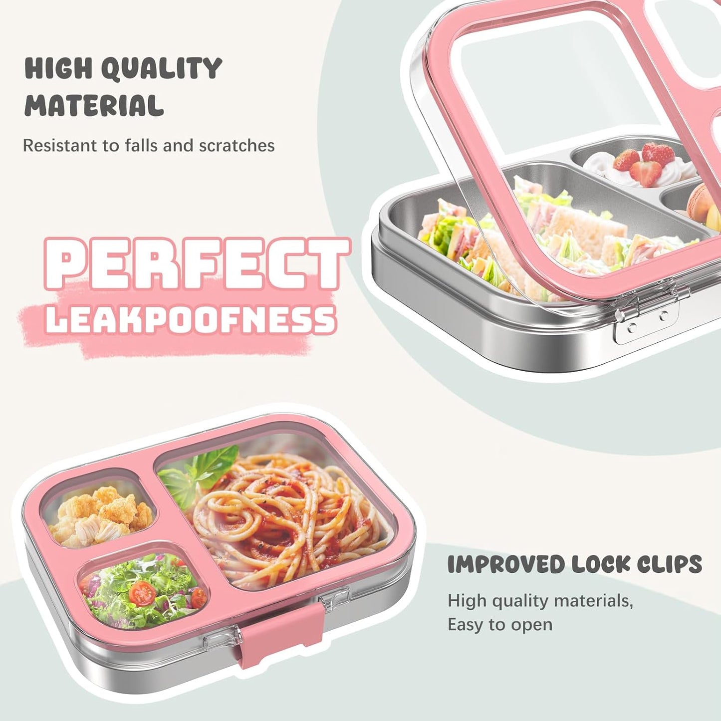 Bento Box mit 3 Fächern, auslaufsicher, Rosa 800ml