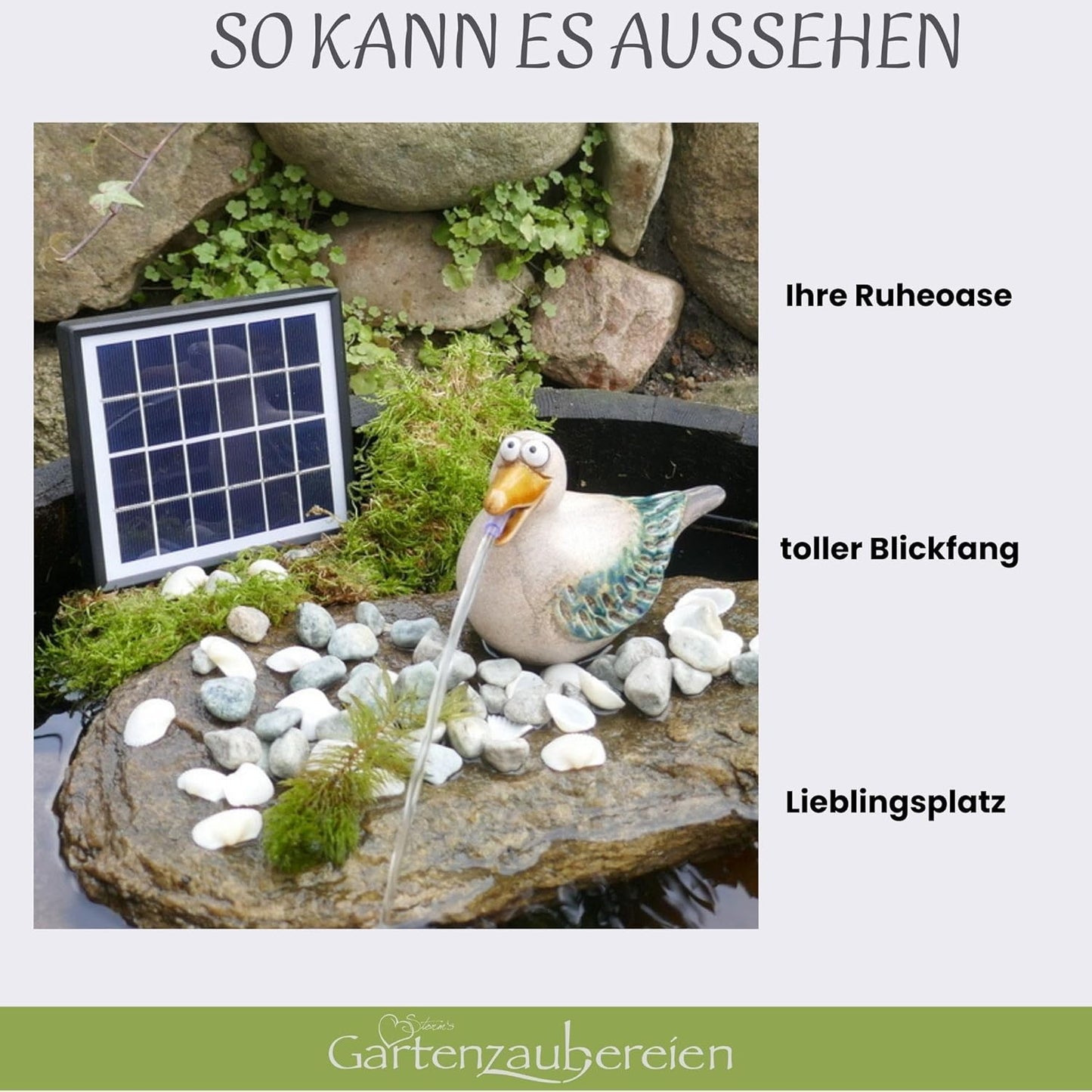 Solar-Wasserspeier Möwe mit Solarpumpe für Teiche