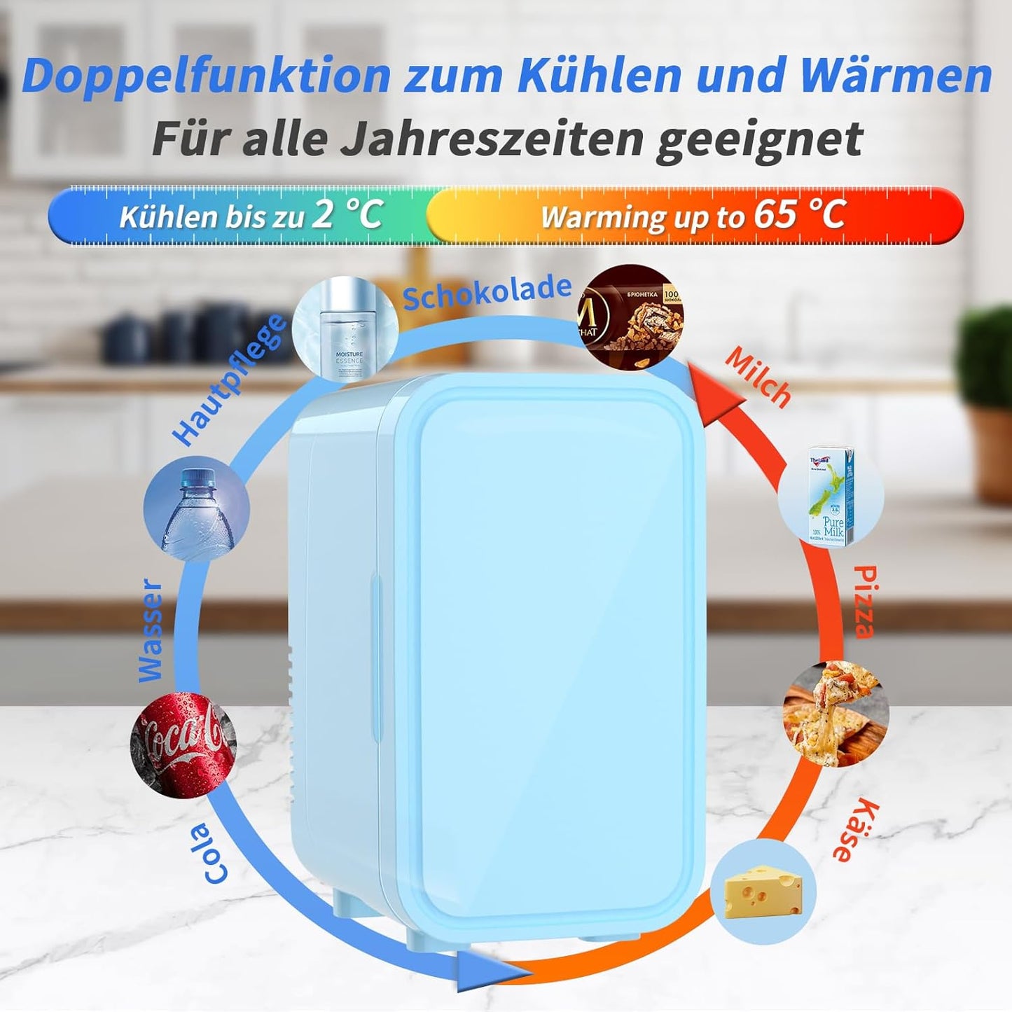 Mini-Kühlschrank 6L/8 Dosen, tragbar, thermoelektrisch, Blau