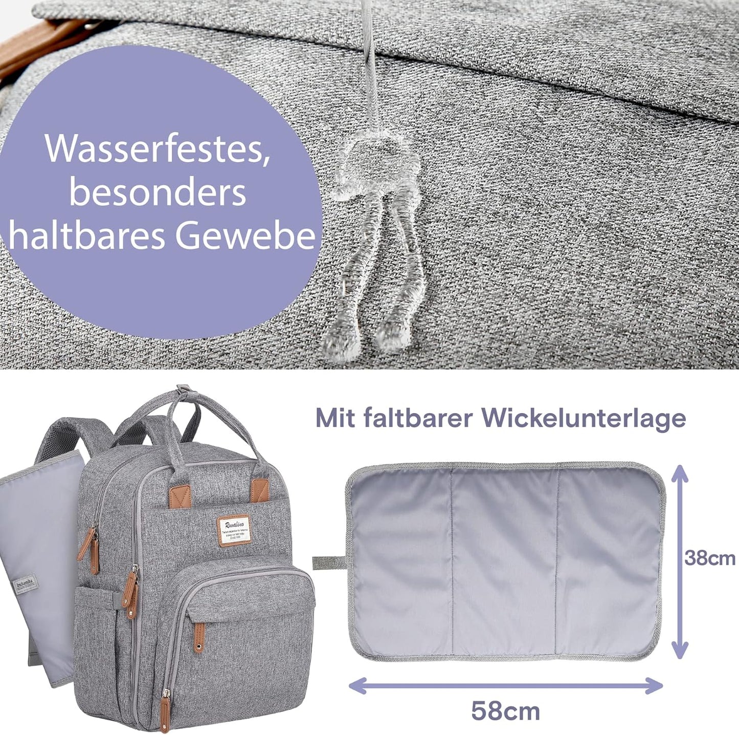 Wasserdichter Wickelrucksack mit Wickelunterlage, Grau03