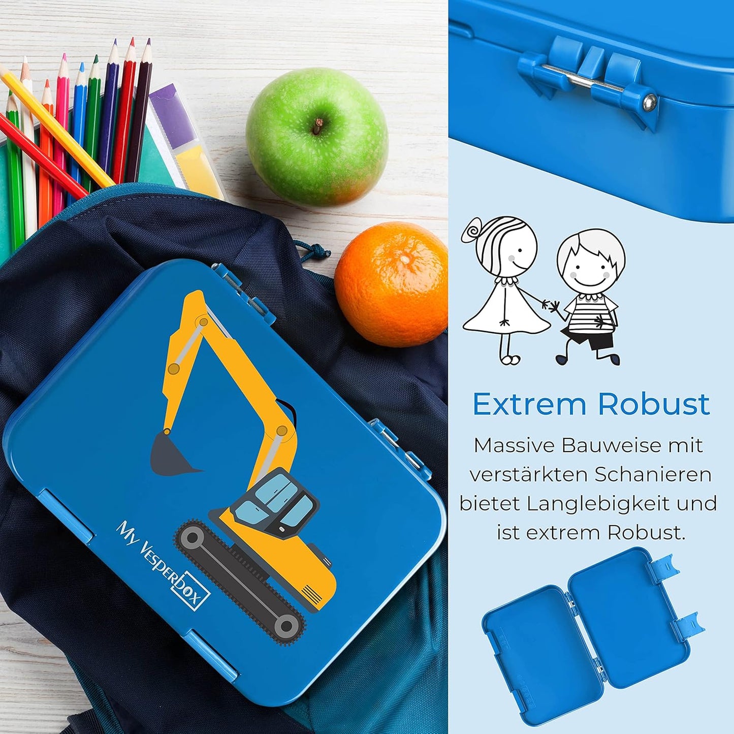 Bento Box mit Bagger-Motiv für Kinder, Blau - Bagger Len 21x15x4,5cm