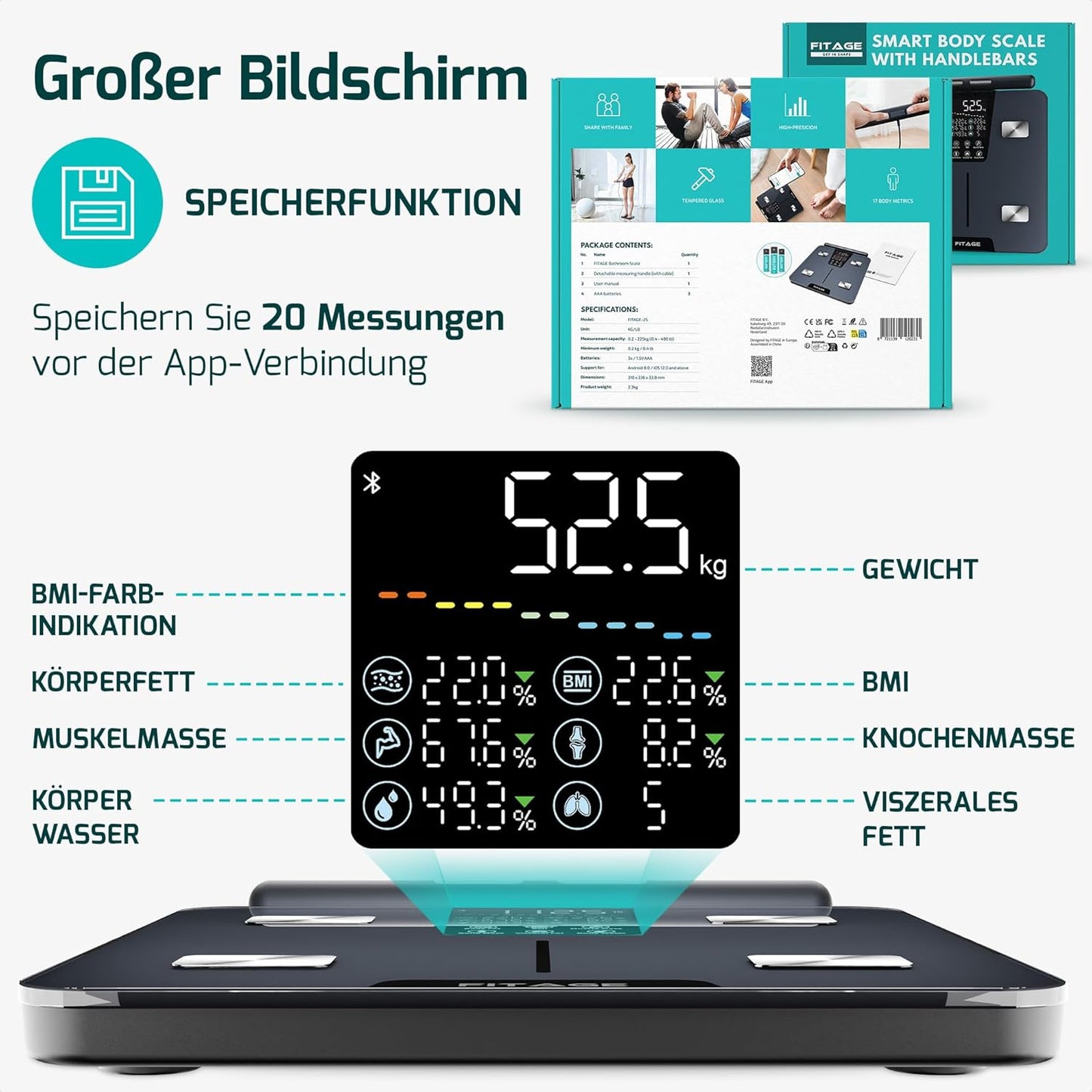 Körperanalysewaage mit App und Handsensoren, Handgriff