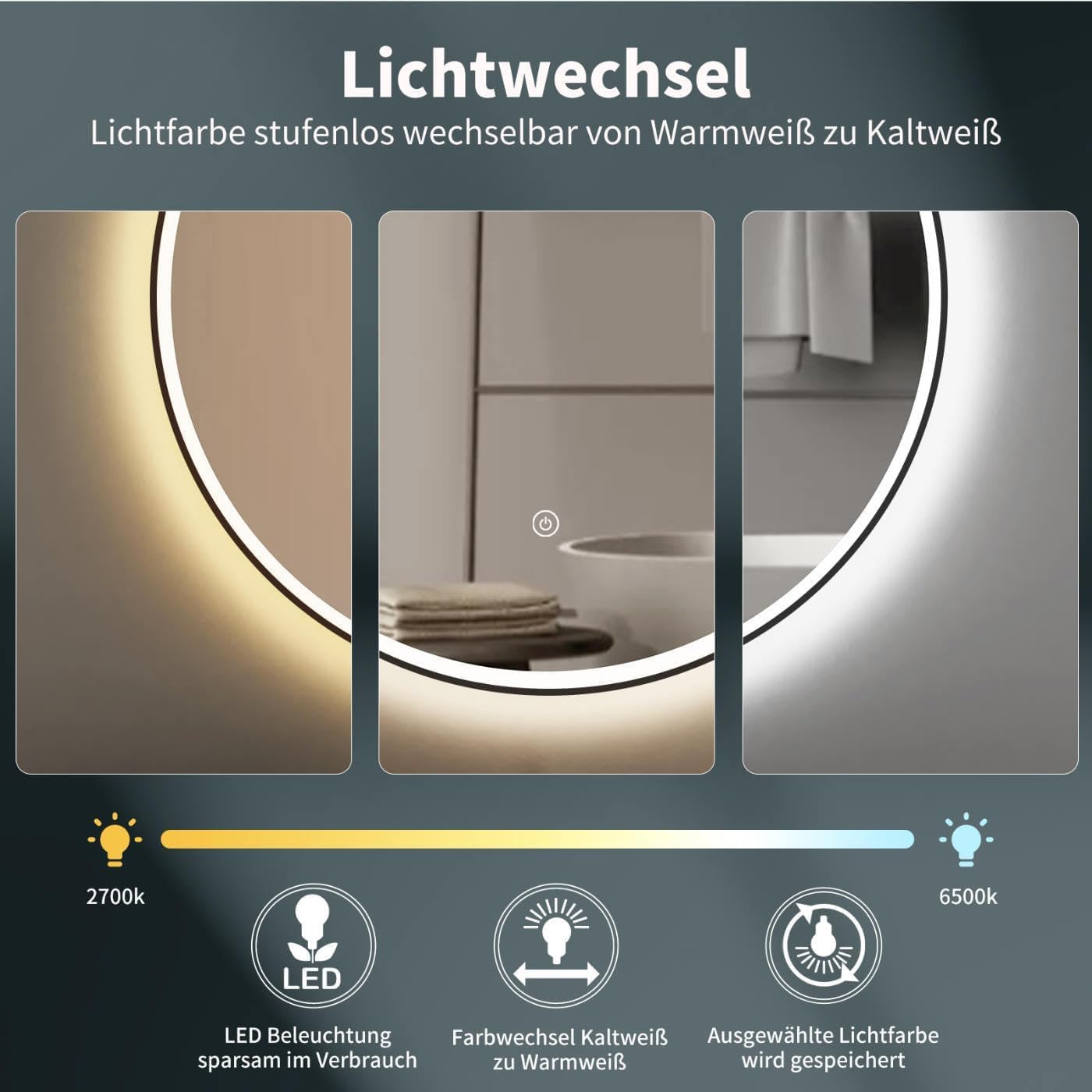 Runder Badspiegel mit LED-Beleuchtung, 60cm, Schwarz 60L x 60B cm