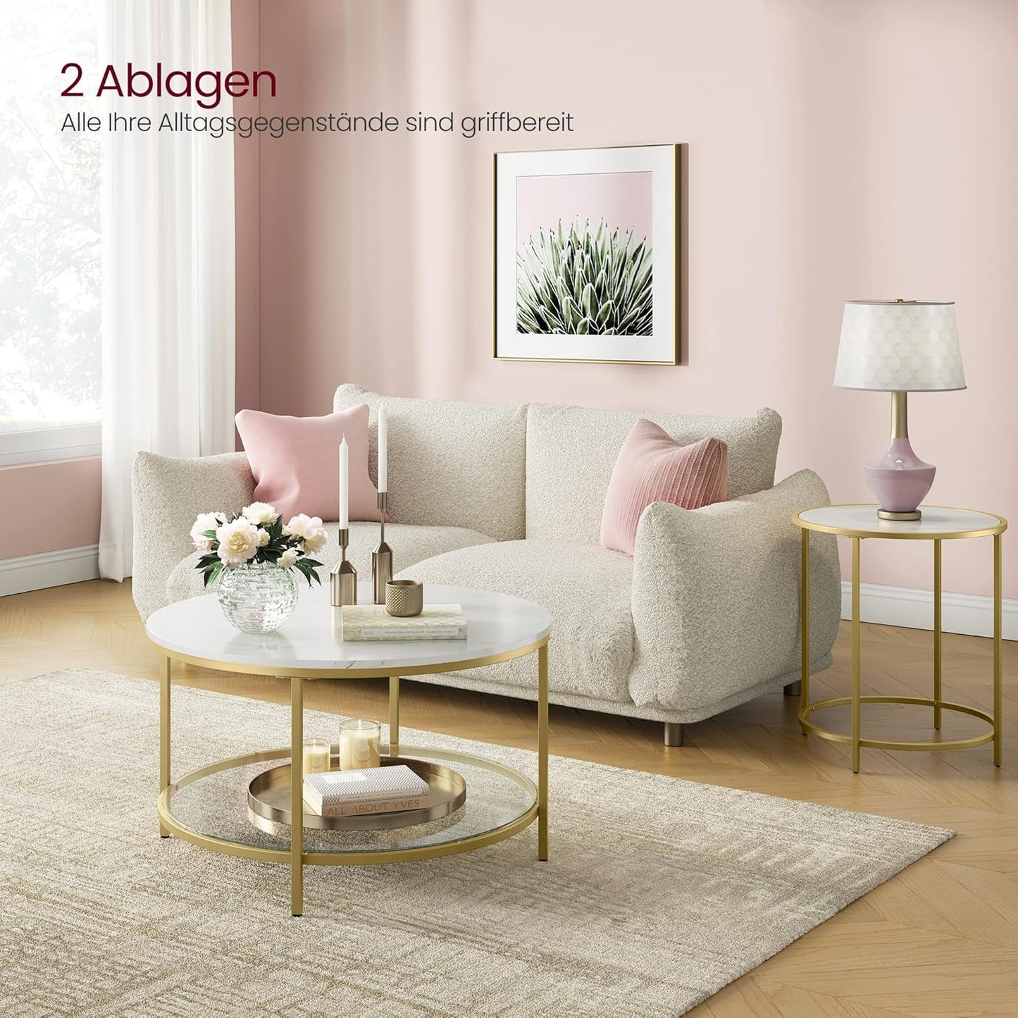 Moderner Couchtisch mit Glasplatte und Stauraum, Marmorweiss + Helles Gold 80d cm