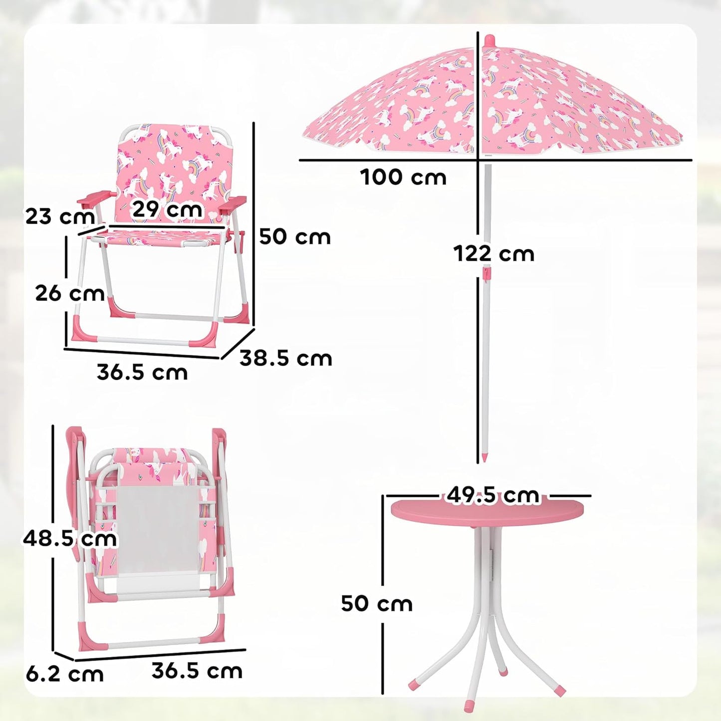Höhenverstellbare Kindersitzgruppe mit Sonnenschirm, Rosa-einhornmuster