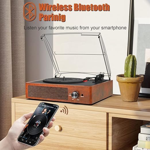 Vintage Vinyl Plattenspieler mit Bluetooth und Lautsprechern, Orange
