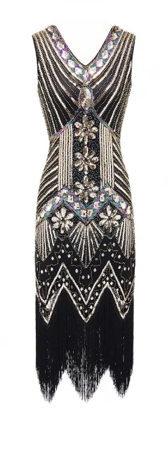 Charleston Flapper Kostüm-Kleid mit Fransen, M Schwarz/Gold/Multicolor