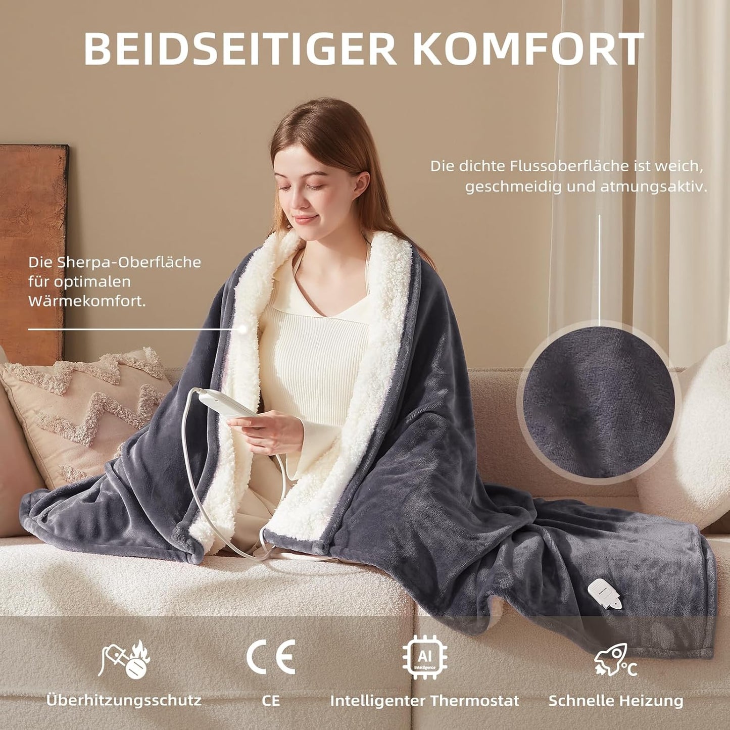 Elektrische Heizdecke mit Abschaltautomatik und Timer, 130x180cm Dunkelgrauer Flanell