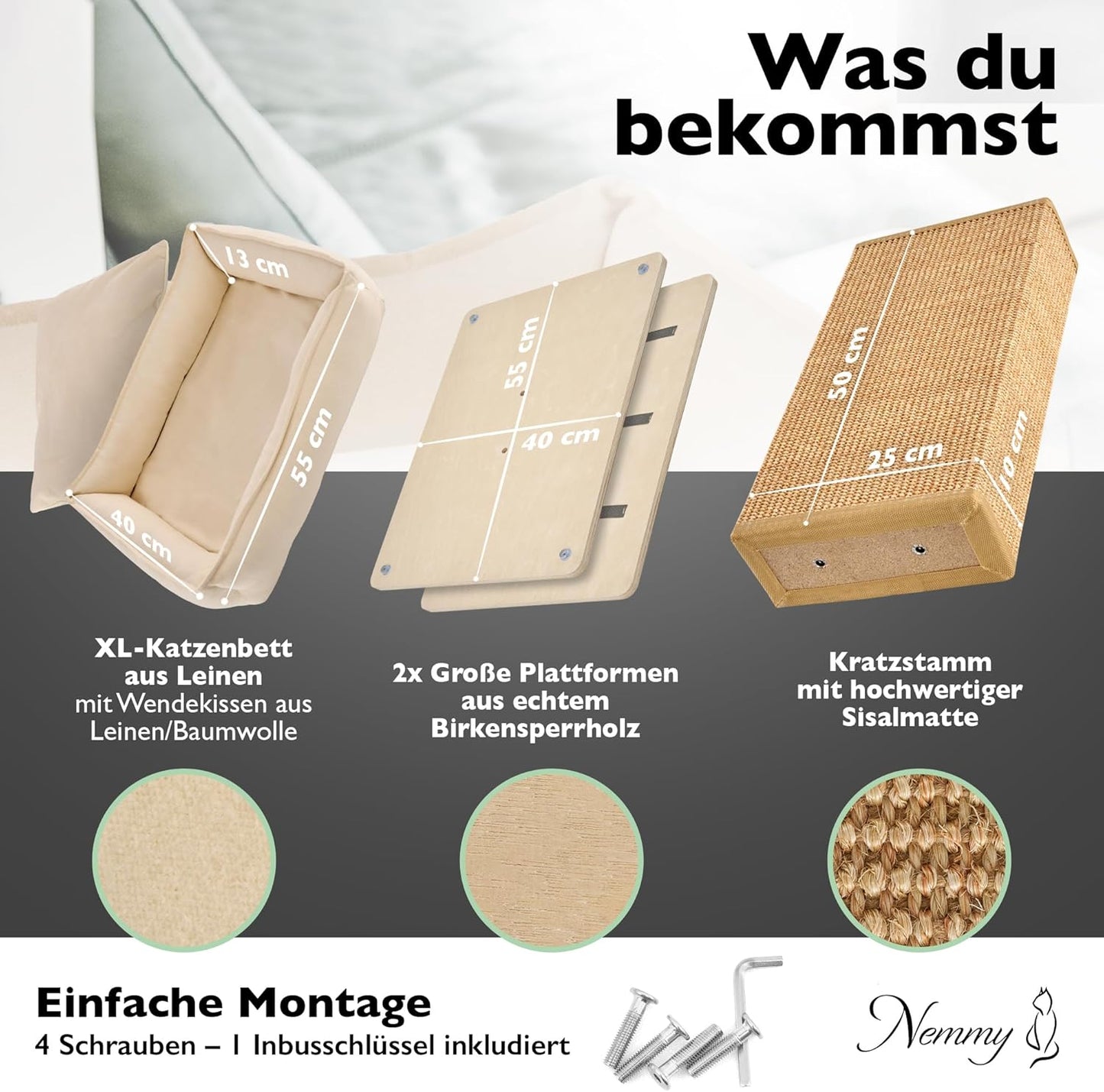 Kratzbaum mit breitem Kratzstamm und Katzenbett, Birke/beige