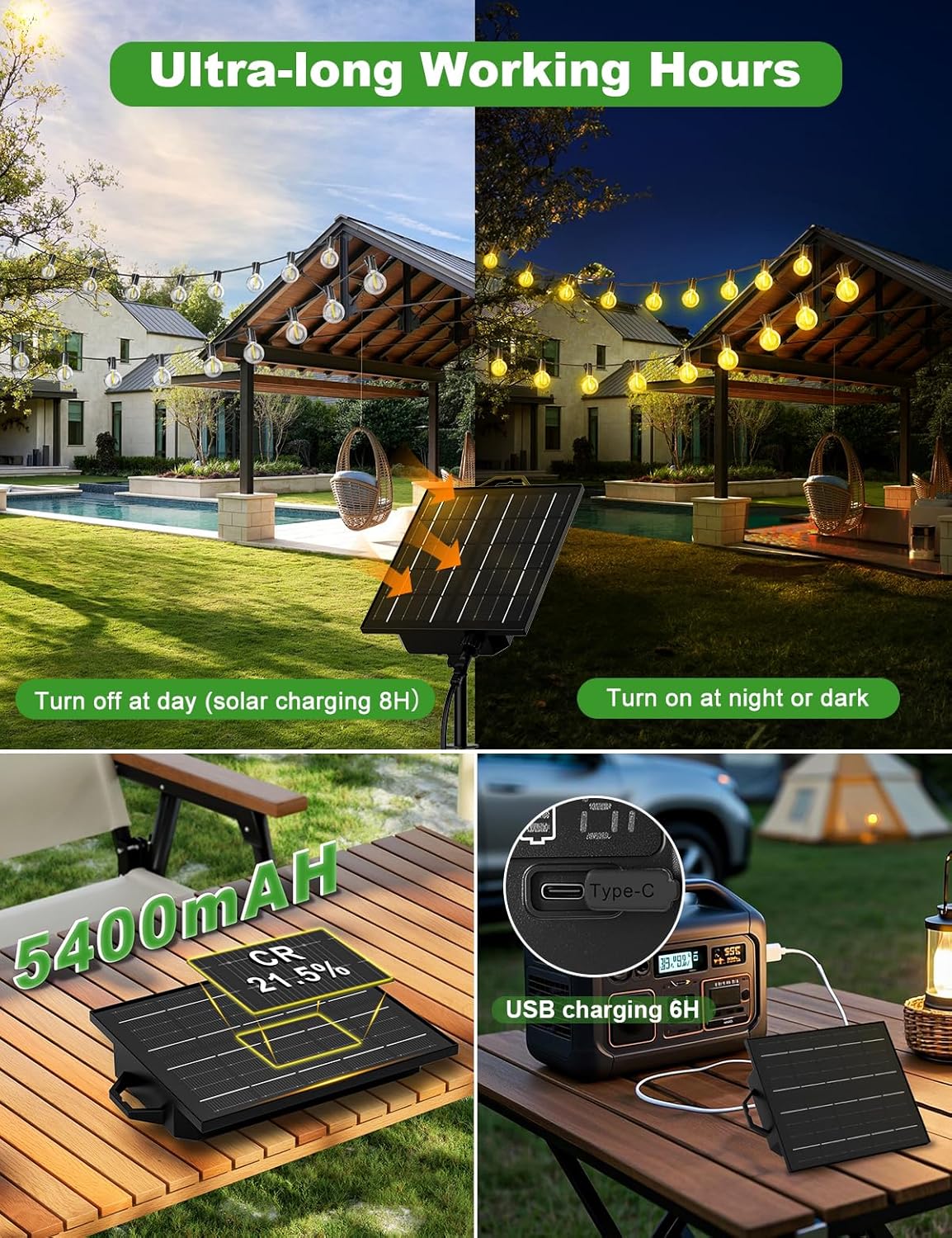 Solar LED Lichterkette, 8 Modi, Wasserdicht, 31.9M/104.66FT - Solar