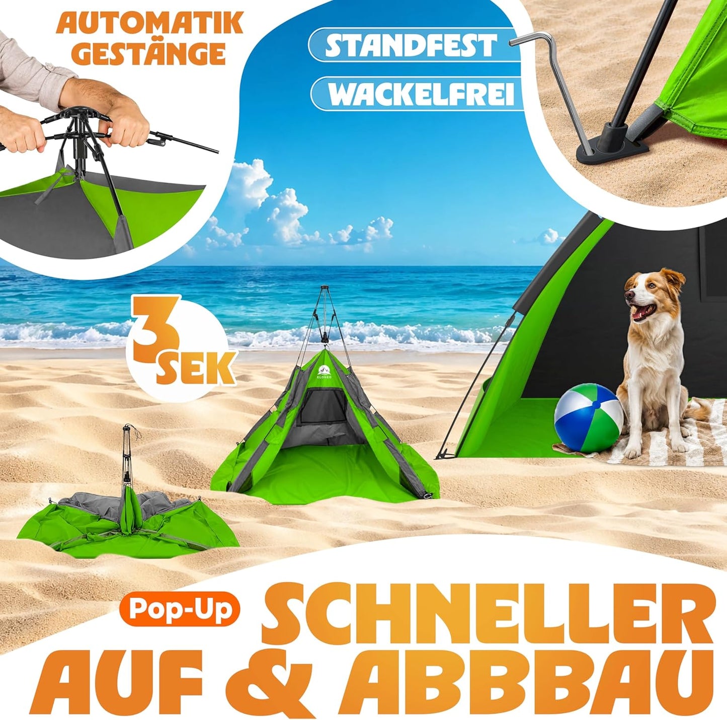 Pop Up Strandmuschel UV Schutz 80+, Grün 220 x 150 x 130 cm