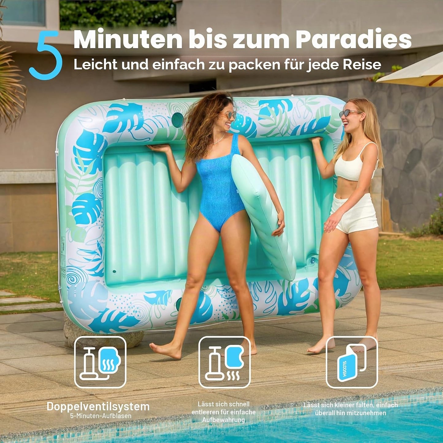 Aufblasbarer 4-in-1 Sonnenliegepool mit Kissen und Getränkehalter, Cyanweiss XL