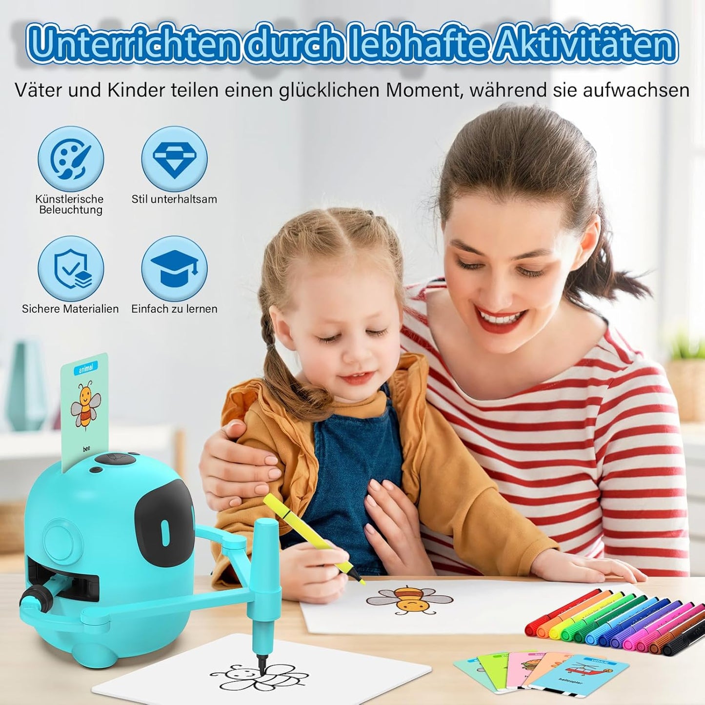 Zeichenroboter mit 100 Karten & Stift, Blau