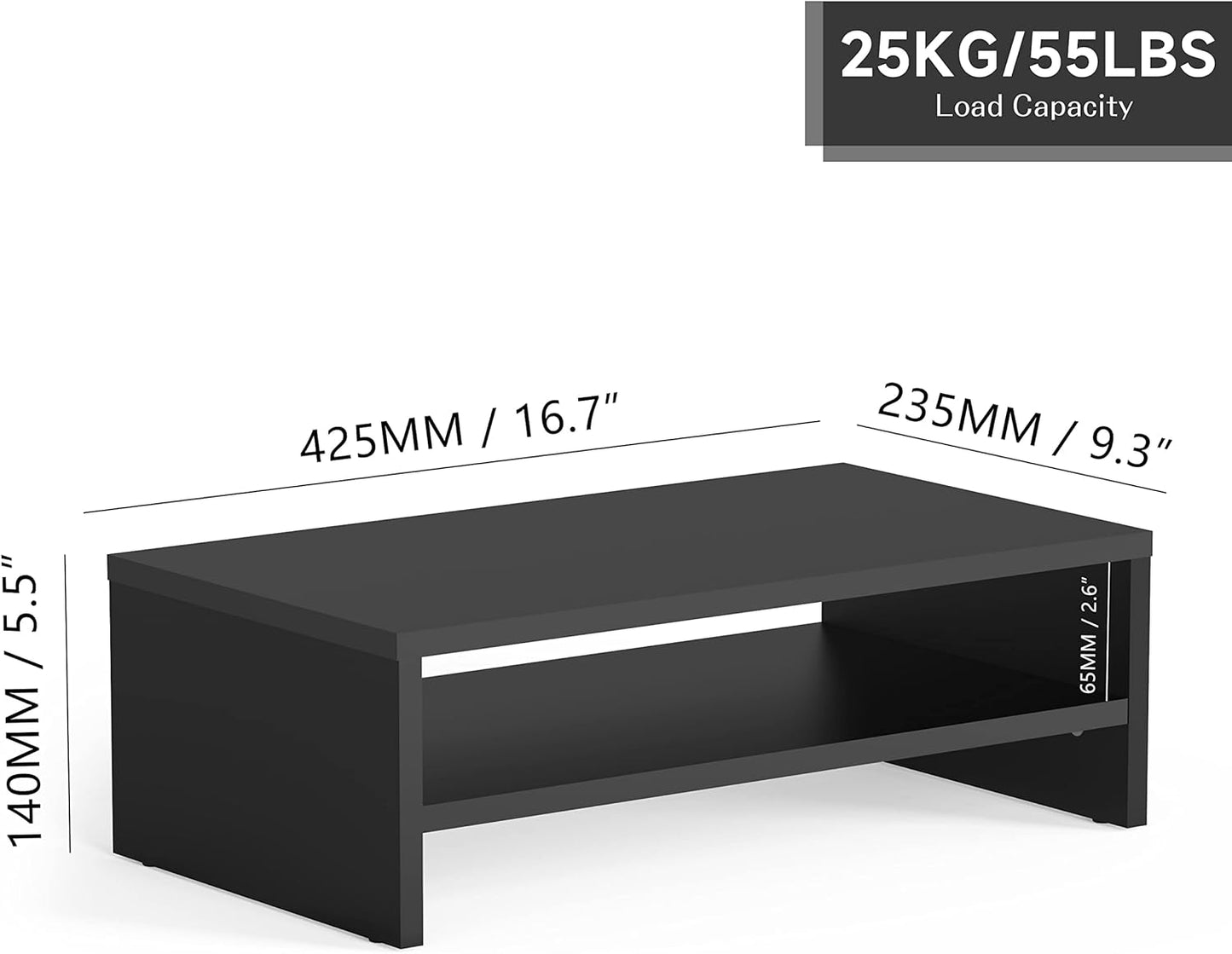 Ergonomischer Monitorständer mit Ablage, Schwarz 42.5x23.5x14cm