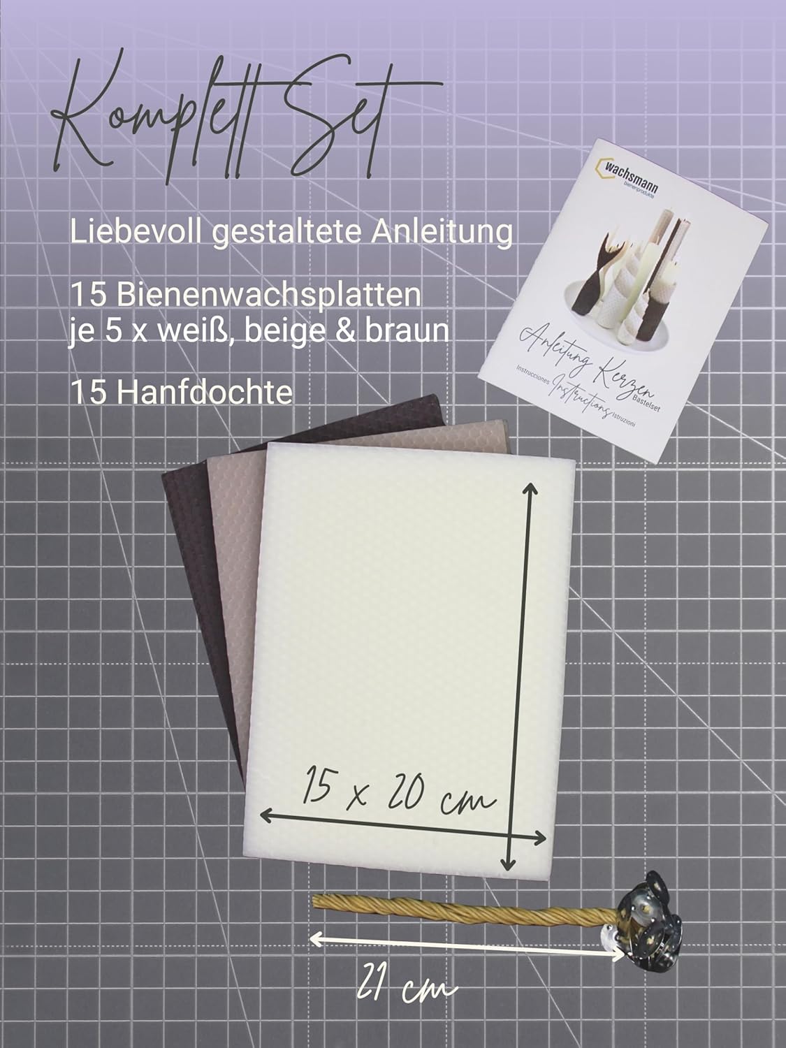 30-teiliges Bienenwachs-Kerzen-Set mit Bienenwachsplatten und Hanfdochten, Weiß, beige, braun