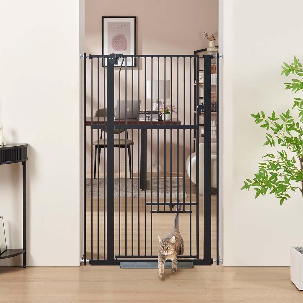 Hohes Haustiergitter mit Katzentür, Schwarz 79-95 cm Breite