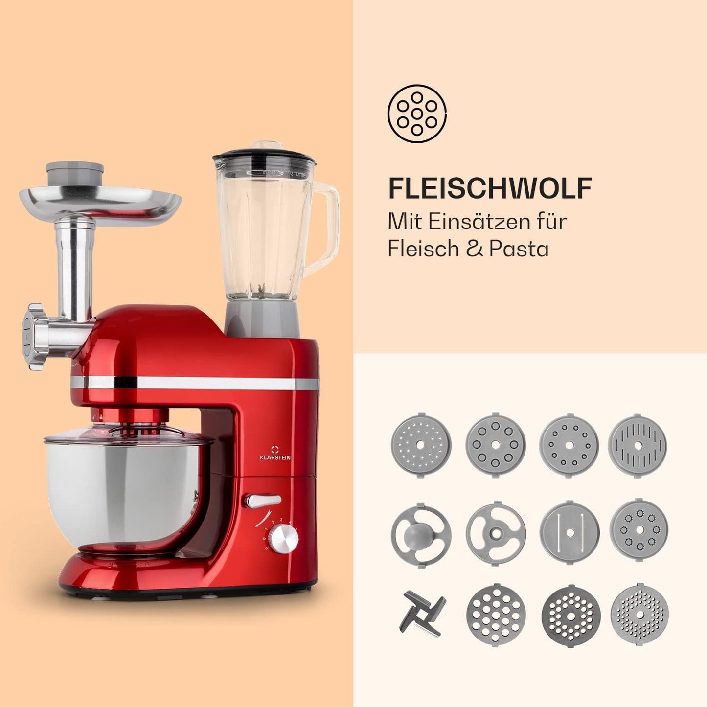 Knetmaschine mit Fleischwolf, Elegant Rot