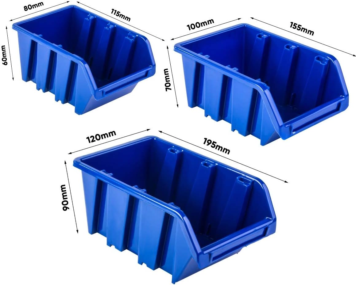 Werkzeugwand mit Stapelboxen und Halterungen, Blau
