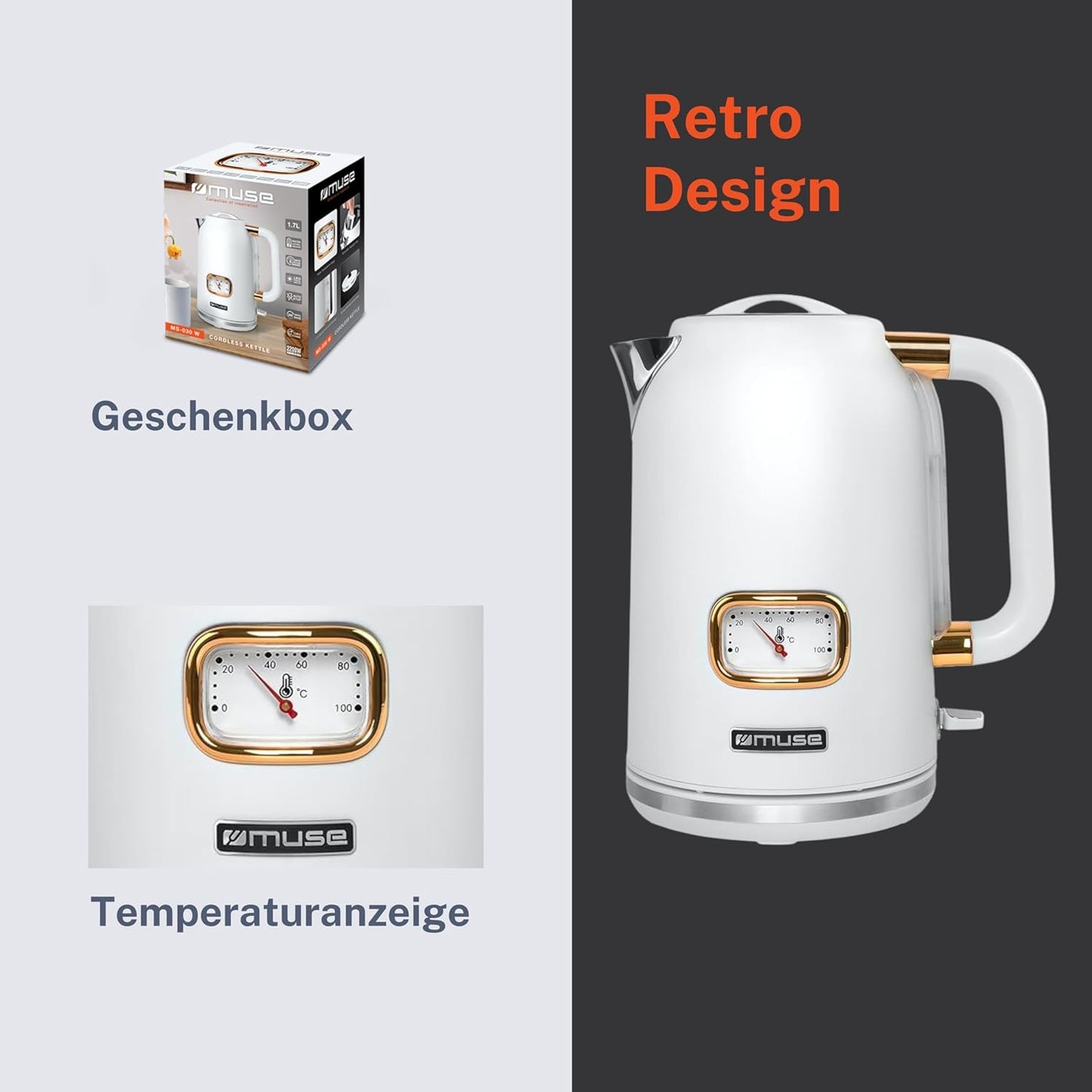 Retro Wasserkocher MS-030 W mit Temperaturanzeige, Weiss