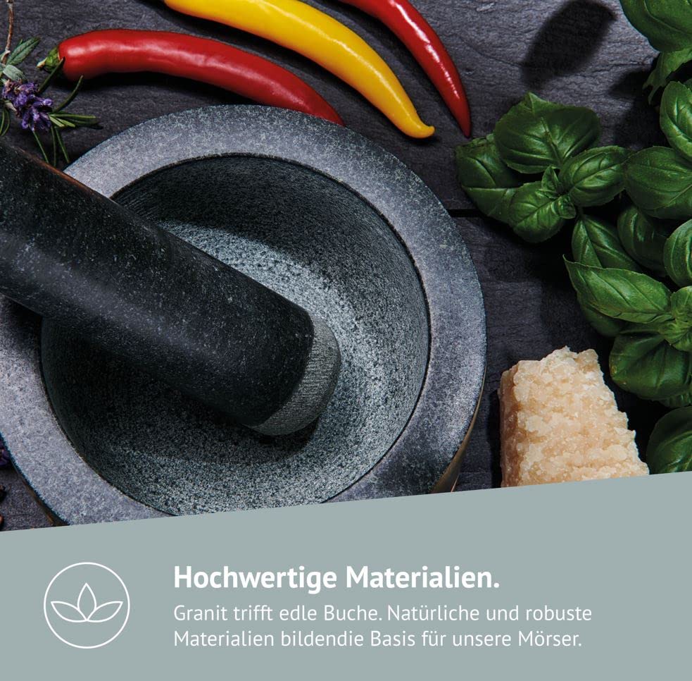 Premium Mörser-Set, Granit und Buchenholz