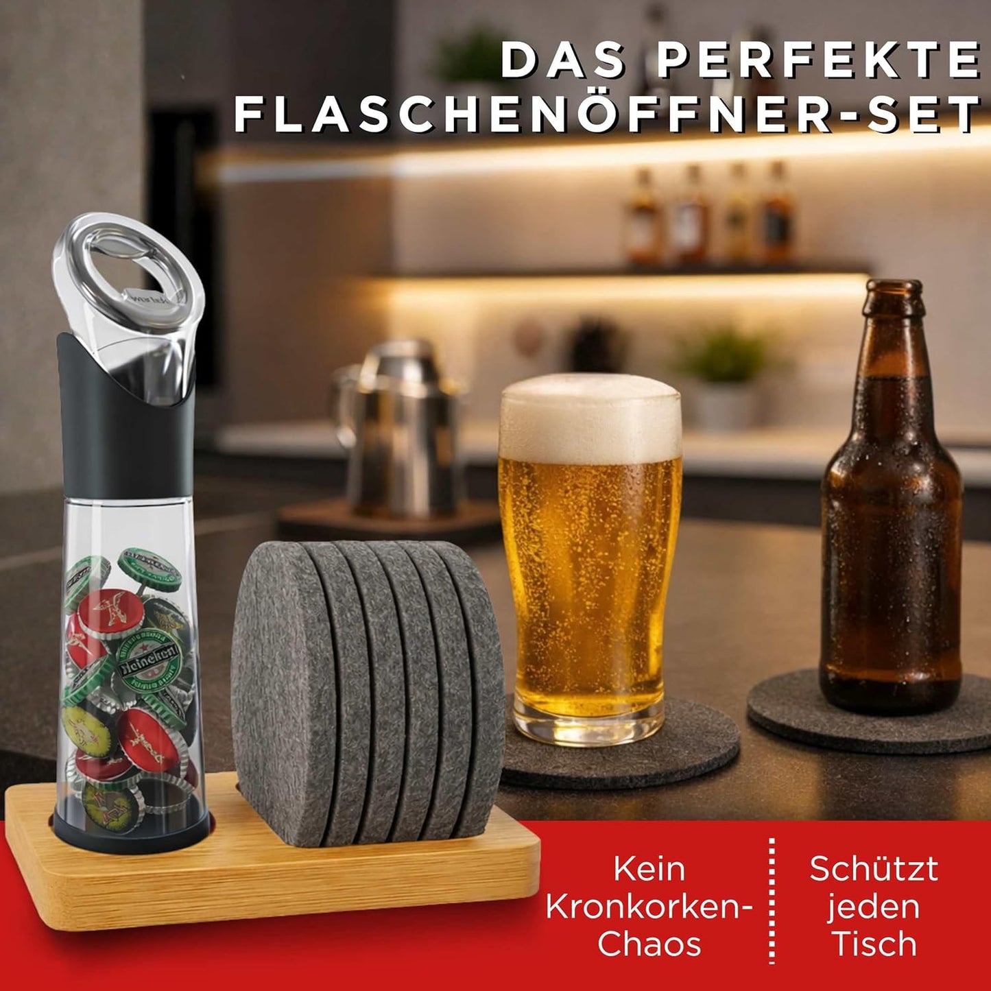 Flaschenöffner mit Auffangbehälter, Untersetzer-Set und Halterung, Mit Halterung
