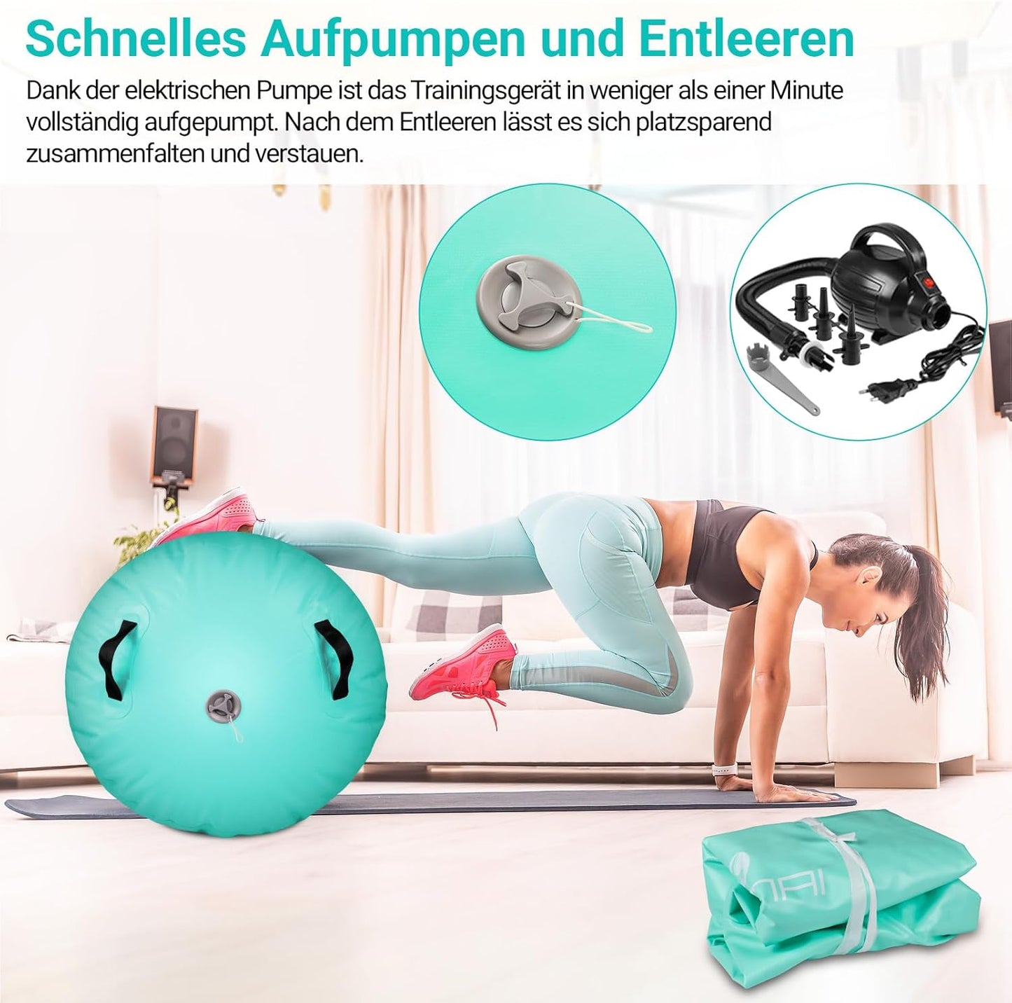 Aufblasbare Gymnastikrolle mit Luftpumpe, 120x75cm(Grün)